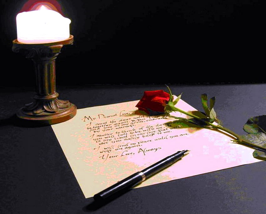 手紙、バラ、手紙、ろうそく、愛、ペン、机 高画質の壁紙