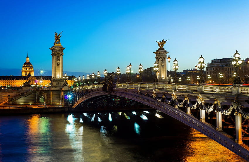 France Paris, Pont Alexandre III, Seine river, city lights night ...