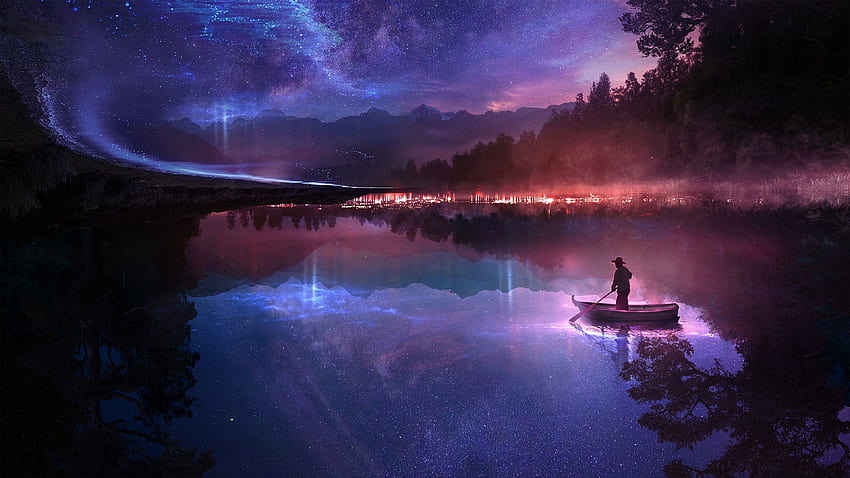Nacht, Kunst, Flüsse, Boot, Einsamkeit HD-Hintergrundbild