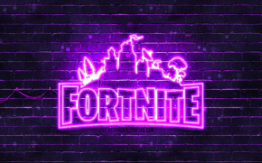 Fioletowe logo Fortnite, fioletowa ściana z cegły, logo Fortnite, gry 2020, neonowe logo Fortnite, Fortnite z rozdzielczością. Wysokiej jakości, fajny neonowy fortnite Tapeta HD