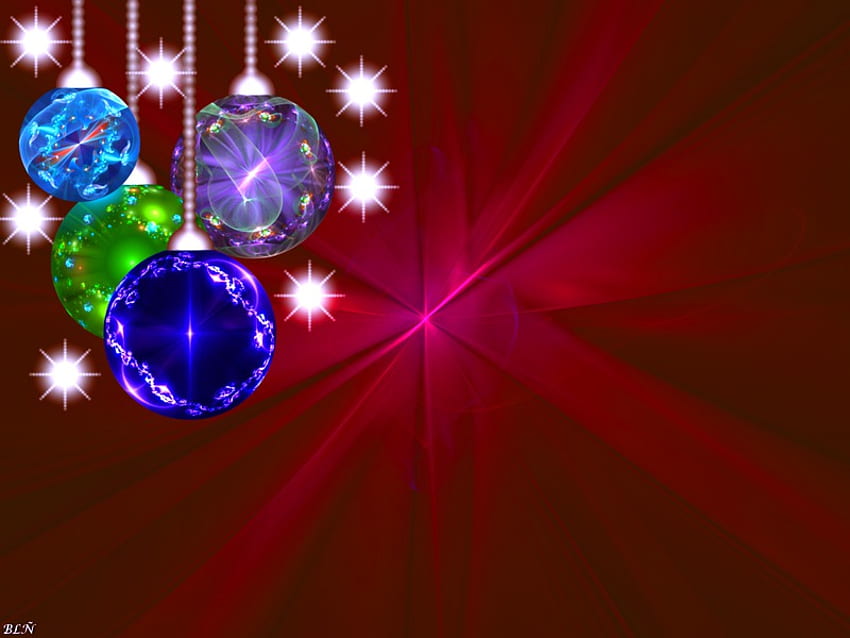 Christmas glitter, blue, aua, balls, reflections, purple, green, sparkle, lights, christmas, red background HD wallpaper