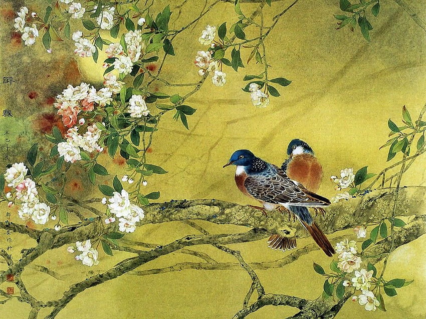 Цветя: Art Birds Plum Chinese Tree Единично цвете HD тапет