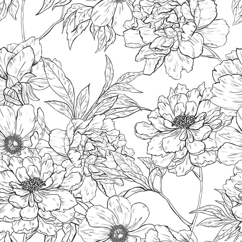Czarno-biała foto z motywem kwiatowym Samoprzylepna tkanina. Etsy. Czarno-biały, Kwiatowa ściana, Kwiatowa sztuka ścienna, Prosty biały kwiatowy Tapeta na telefon HD