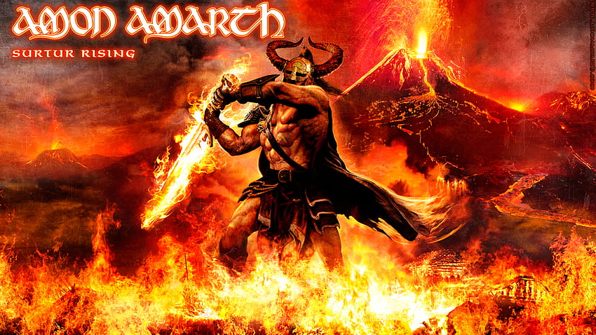 Amon Amarth - Surtur Rising, 불꽃, surtur, amon, 밴드, 바이킹, 음악, 화산, 전사, 상승, 검, amon amarth, 불꽃, 아마스, 전쟁, 무거운, 로고, 전투, 금속, 불 HD 월페이퍼