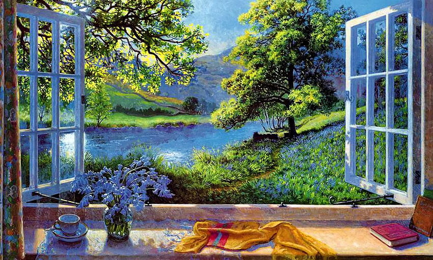 青い鐘、青、川、小川、素敵、絵、木、窓、部屋、家、花瓶、美しい、鐘、山、夏、休息、きれい、景色、自然、花、美しい、家、小川 高画質の壁紙