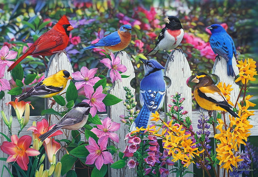 Songbirds, flowers, birds, blossoms, fence, painting HD wallpaper