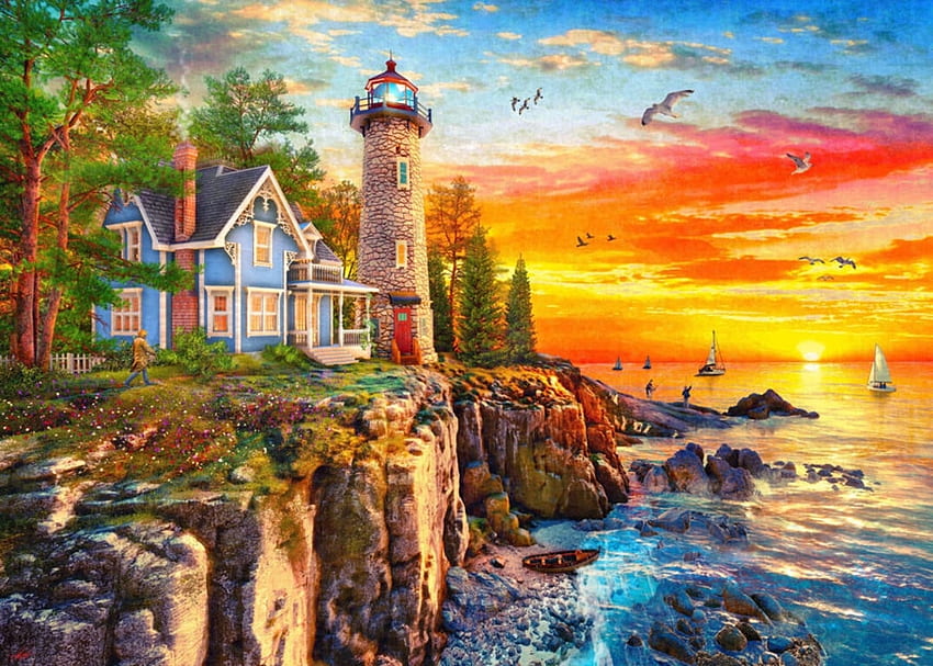 The Rocky Cliff Lighthouse, painting, pictura, dominic davison, lighthouse, art, sunset HD wallpaper