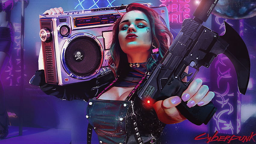 young woman Pistols Brown haired Fantasy Cyberpunk, Cyberpunk 2560X1440 HD wallpaper