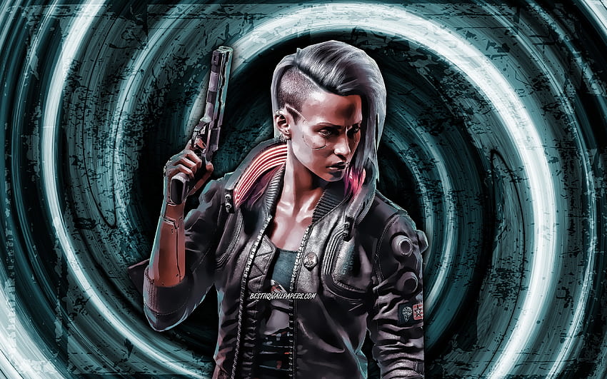 Female V, turquoise grunge background, Cyberpunk 2077, RPG, vortex, Cyberpunk 2077 characters, Female V Cyberpunk, Valerie Cyberpunk 2077 HD wallpaper