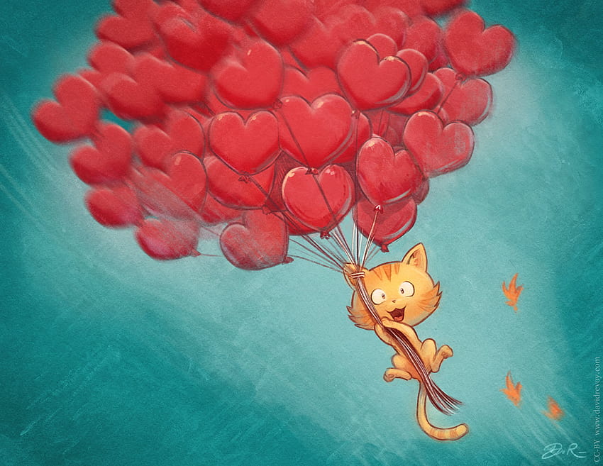 Balloons, Sky, Art, Hearts, Love, Cat, Flight, Air Balloons HD wallpaper