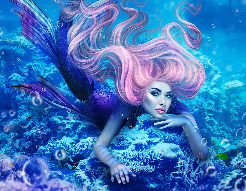 Pink Haired Mermaid, , girl, siren, woman, blue, mermaid, art, pink