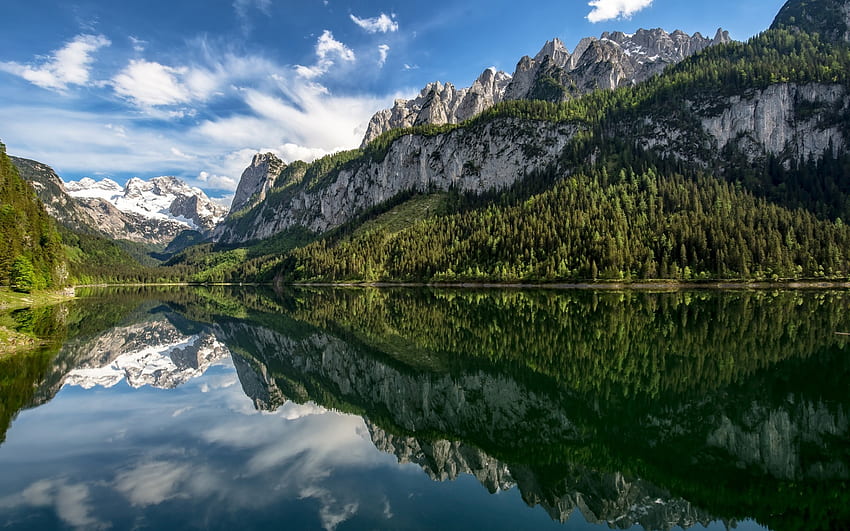 Gosau Gölü, dağ gölü, bahar, dağlar, orman, sabah, Alpler, Avusturya için çözünürlükle. Yüksek kalite HD duvar kağıdı