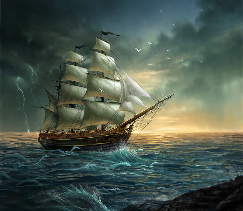 CONQUEST OF THE SEA, SKY, CLOUDS, OCEAN, BIRDS, WAVES, SHIP HD wallpaper