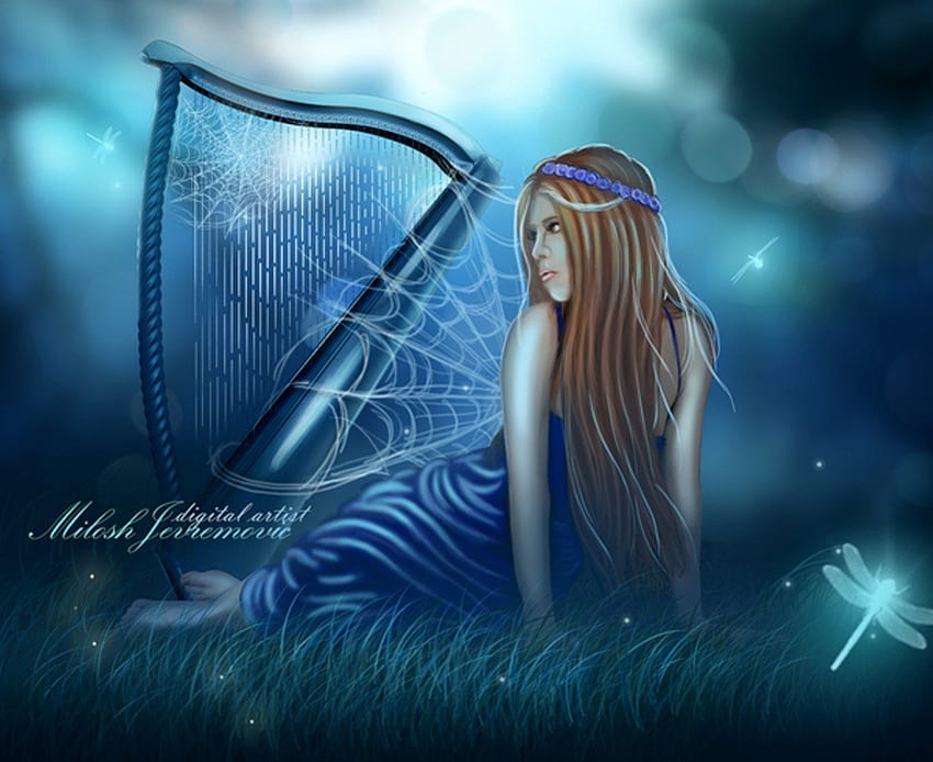Midnight Harp, azul, senhora, fantasia, meia-noite, harpa papel de parede HD
