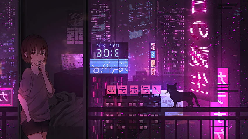 Anime Girl City Night Neon Cyber​​ punk 1440P解像度、、背景、および、ピンクネオンシティ 高画質の壁紙