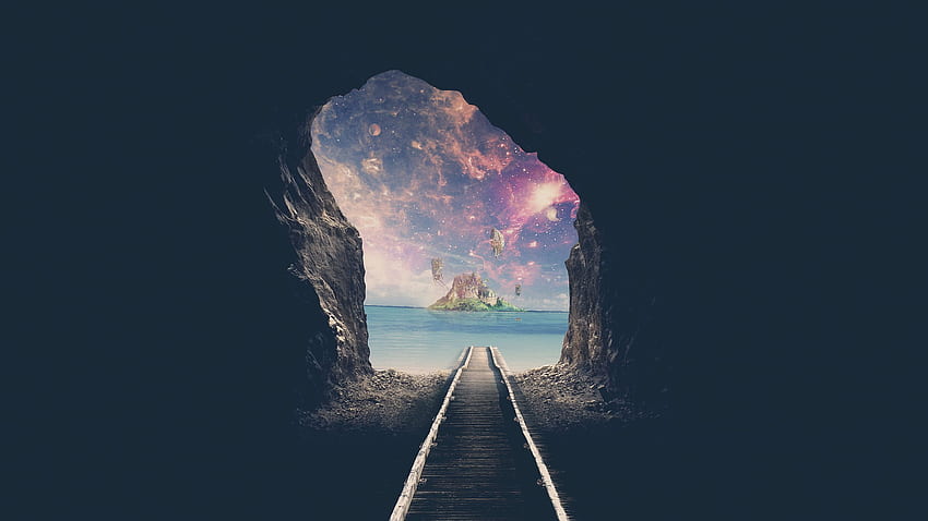 Island, Tunnel, Railway track, Mystic, Dream, Surreal, Train Tracks HD wallpaper