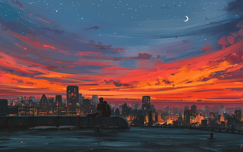 Para anime, zachód słońca, pejzaż miejski, sceniczny, nastrój, relaks, półksiężyc dla MacBooka Pro 15 cali, uspokajające anime Tapeta HD