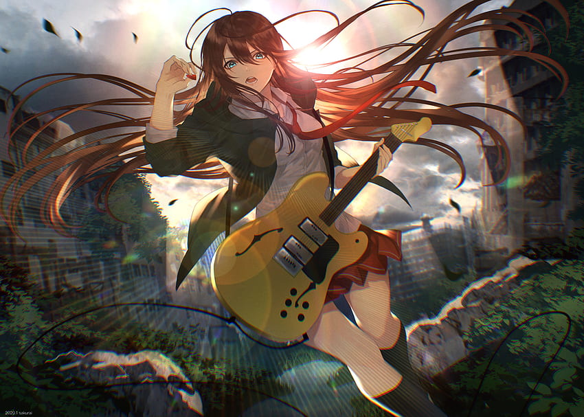 Guitar play, anime girl HD wallpaper