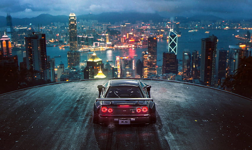 Black car , 3D, render, city, Khyzyl Saleem, Nissan GTR, Hong Kong • For You For & Mobile, 3D Render HD wallpaper