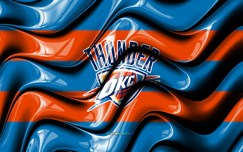 Drapeau Oklahoma City Thunder, vagues 3D orange et bleues, NBA, équipe américaine de basket-ball, logo Oklahoma City Thunder, basket-ball, Oklahoma City Thunder Fond d'écran HD