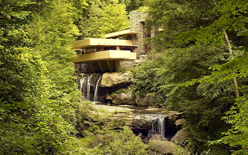 river, Architecture, Frank Lloyd Wright, Waterfall / and Mobile Background HD wallpaper