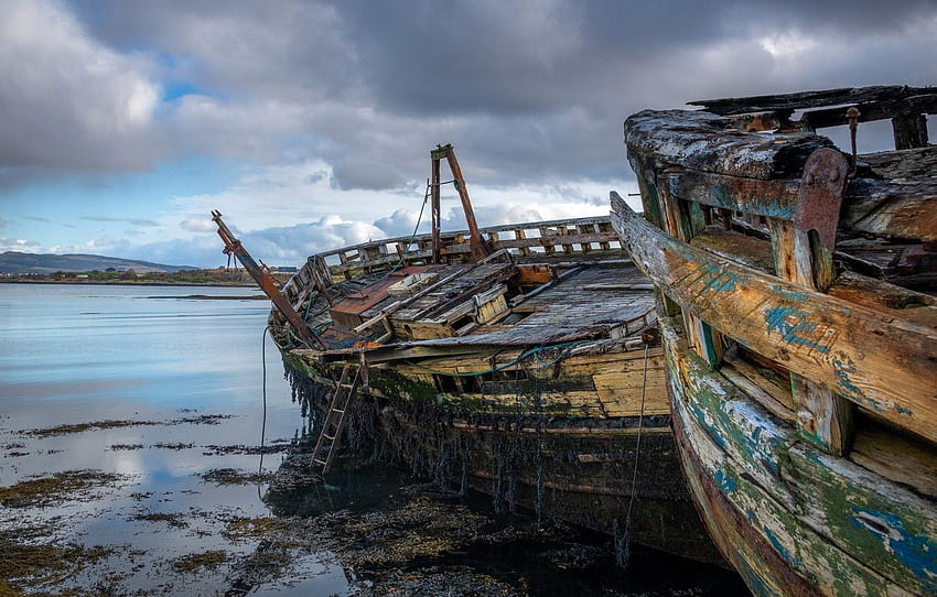 Clouds, Overcast, Board, Old, Ships, Scotland, Rust, Two, Pond, The