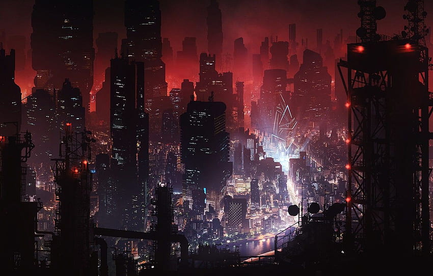 night, the city, Night, Skyscrapers, Building, City, Fantasy, Megapolis, Fiction, Lighting, Concept Art, Dystopia, Metropolis, Science Fiction, Nigth, Environments for , section фантастика -, Dystopian Future HD wallpaper