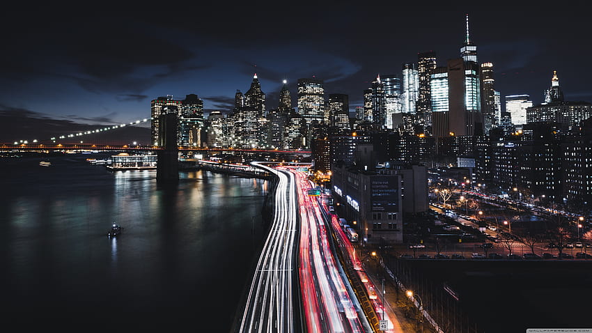 Manhattan, Nowy Jork, nocne ultra tło dla U Telewizor: panoramiczny i ultraszeroki i laptop: tablet: smartfon Tapeta HD