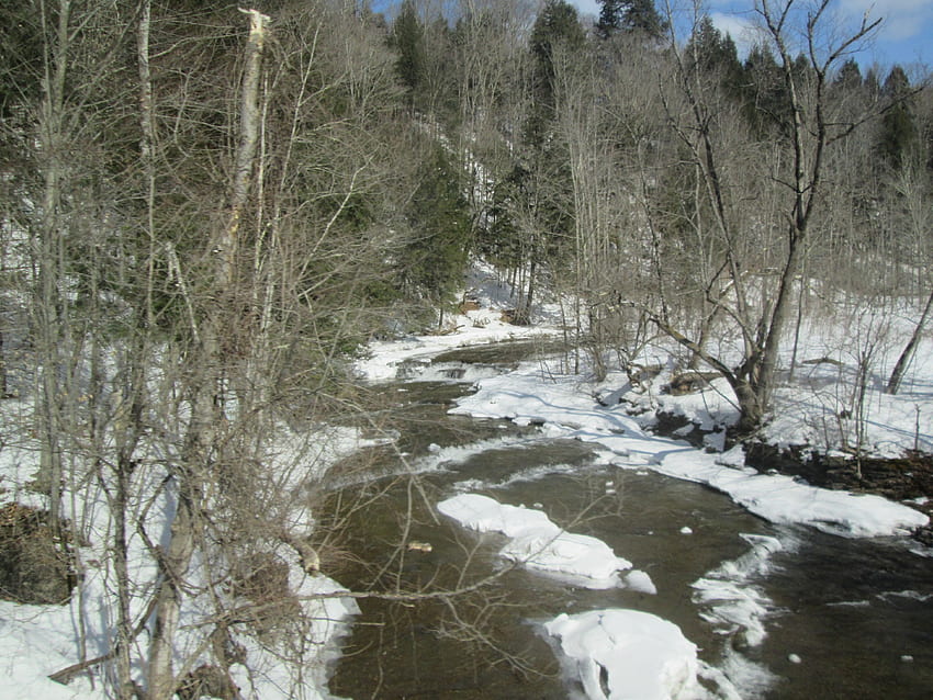 NY北部の早春、冬、小川、水、雪 高画質の壁紙