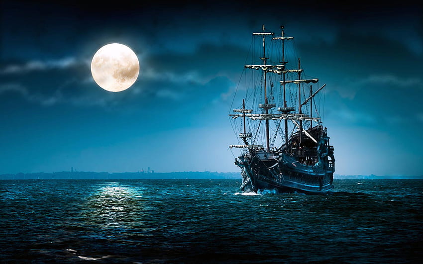 pirates ship moon sea, Pirates of the Caribbean Ship HD wallpaper