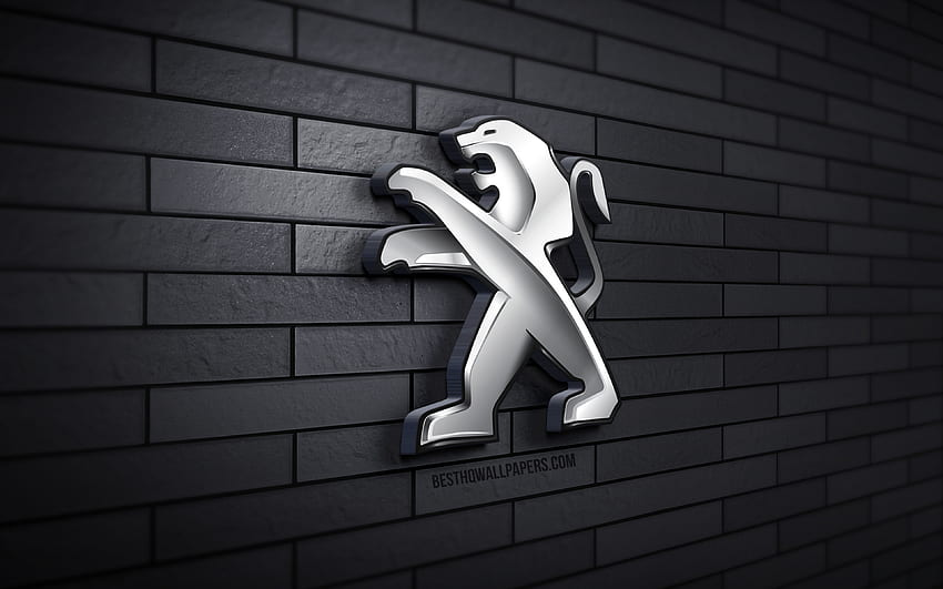 Logotipo 3D de Peugeot, pared de ladrillo gris, creativo, marcas de automóviles, logotipo de Peugeot, logotipo de metal de Peugeot, arte 3D, Peugeot fondo de pantalla