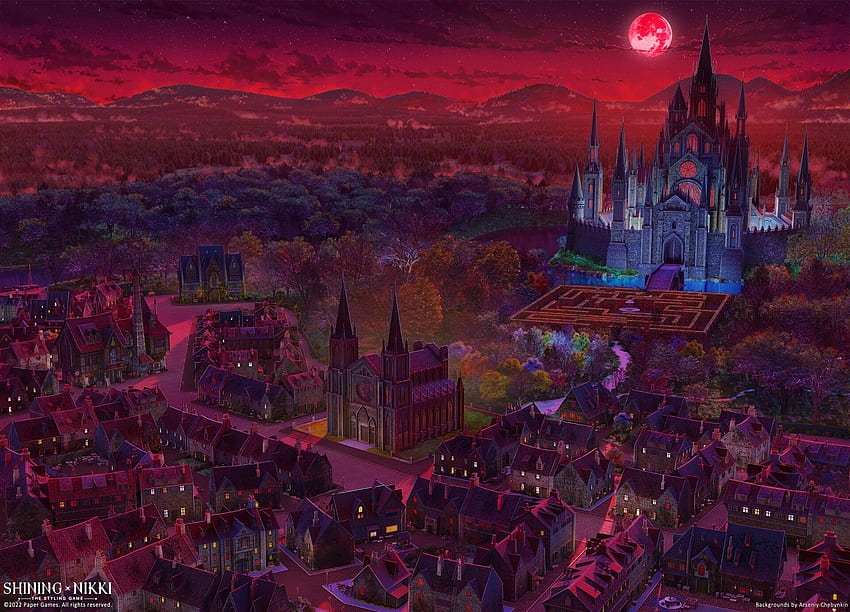 Blutmond, Halloween, Nacht, Fantasie, Mond, Arseniy Chebynkin, Rot, Luna, Schloss, Kunst HD-Hintergrundbild