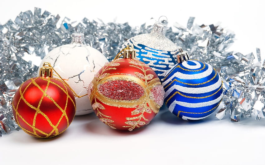 Christmas balls, white background, Christmas decoration, Happy New Year, Merry Christmas, red Christmas balls HD wallpaper