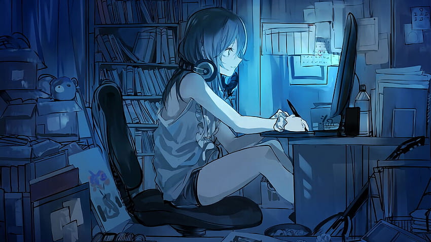 Компютър, слушалки, аниме момичета • For You For & Mobile, Anime Girl Bedroom HD тапет