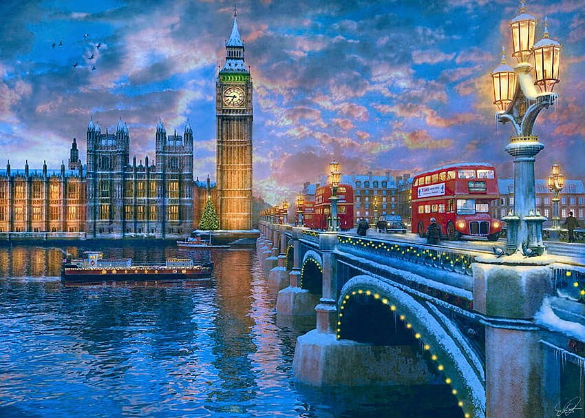 Westminster Christmas, artwork, river, parliament, painting, big ben, bridge, london, thames HD wallpaper