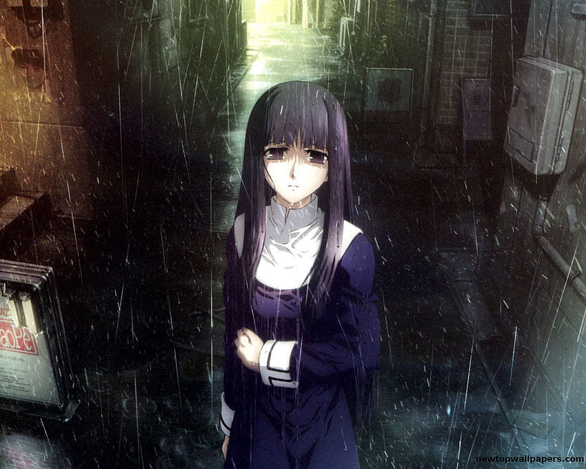 Arte de anime garota triste na chuva para papel de parede