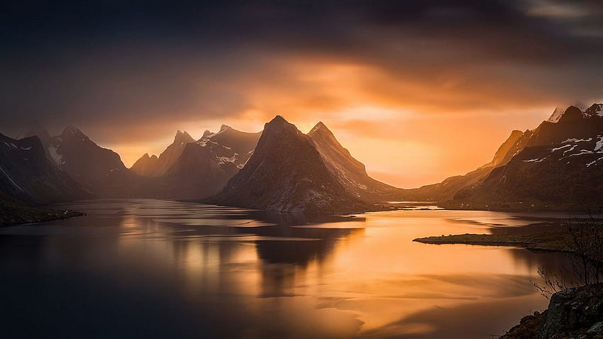 nature, paysage, fjord, coucher de soleil, montagne, île, Norvège, ciel, mer, brouillard, lumière du soleil, eau, Lofoten / et fond mobile Fond d'écran HD