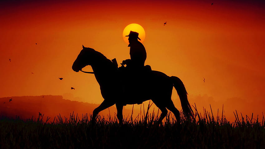 kowboj, koń, sylwetka, zachodni, RDR2, zachodni zachód słońca Tapeta HD