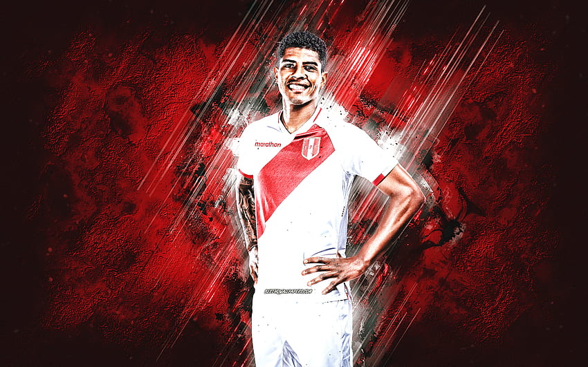 Wilder Cartagena, Peru national football team, Peruvian footballer, red stone background, Peru, football, grunge art HD wallpaper