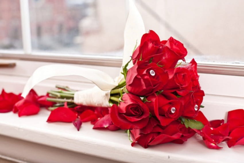 Czerwony bukiet, klejnoty, panna młoda, róże, płatki, czerwone róże, kwiaty Tapeta HD