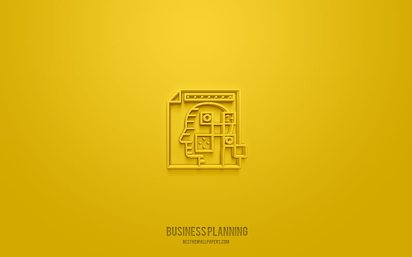 3d икона за бизнес планиране, жълт фон, 3d символи, бизнес планиране, бизнес икони, 3d икони, знак за бизнес планиране, бизнес 3d икони HD тапет