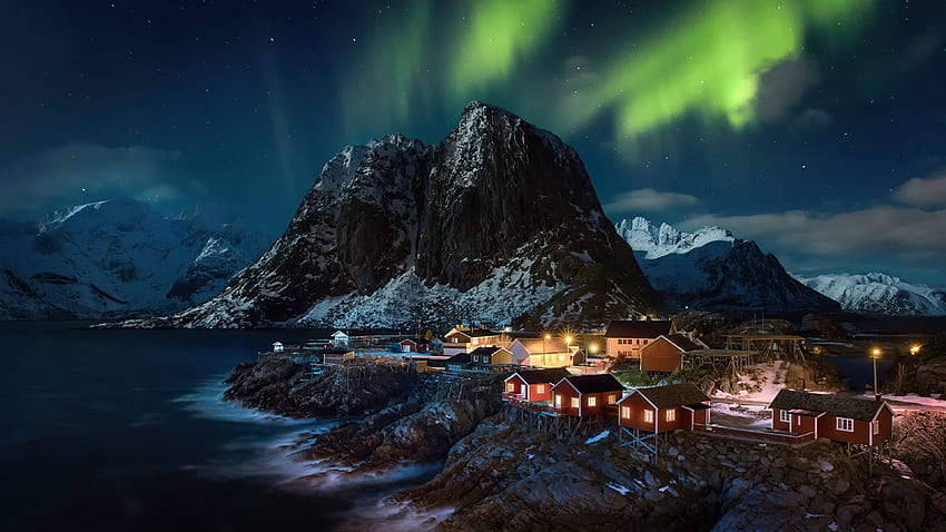 Lofoten Norway Village Aurora Cahaya Utara , Alam, , , Latar Belakang, dan, Cahaya Utara Biru Wallpaper HD