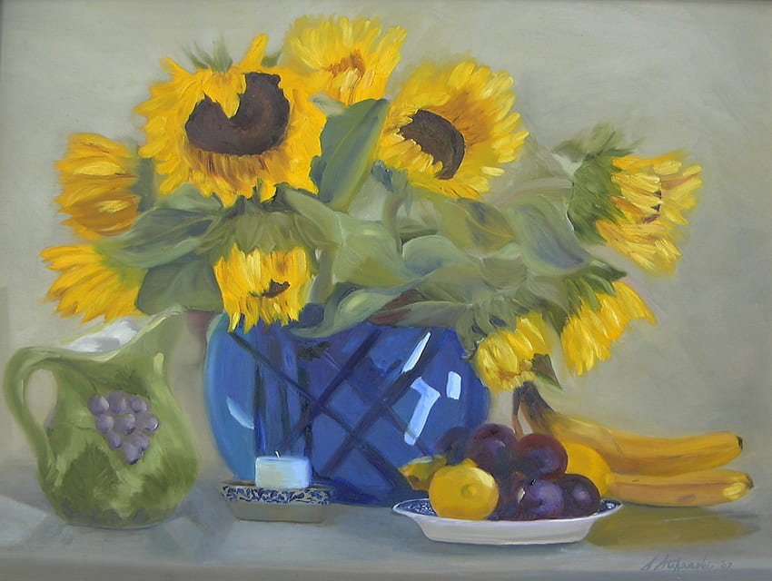 Pagi yang cerah, biru, lemon, pagi, anggur, pisang, vas, musim semi, piring, bunga matahari, kendi, hijau, buah Wallpaper HD