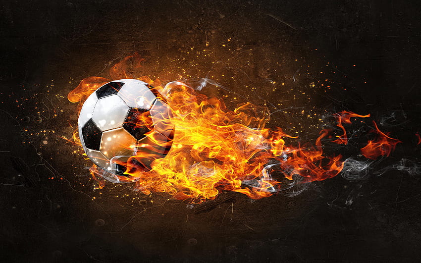 piłka w ogniu, latająca piłka, płomień ognia, kreatywny, piłka nożna, piłka nożna, ogień z piłką z rozdzielczością. Wysokiej jakości płonąca piłka nożna Tapeta HD