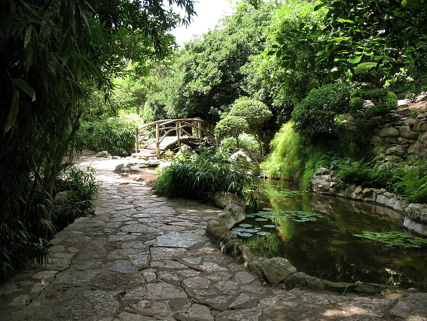 Natura, kamienie, lilie wodne, zielenie, most, ogród, staw, tor Tapeta HD