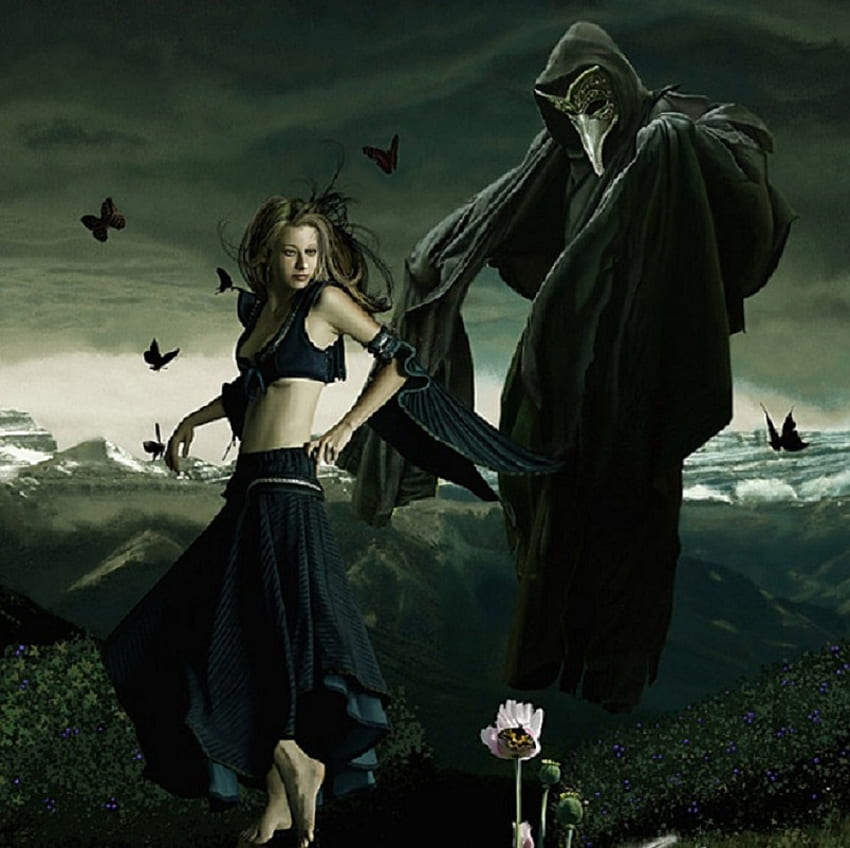 Danse Macabre, karya seni, mengerikan, topeng, fantasi, gelap, perempuan Wallpaper HD