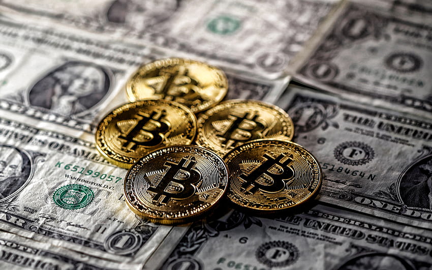 Bitcoins auf den amerikanischen Dollar, Bitcoin, Kryptowährung, elektronisches Geld, Geldhintergrund, Währungskonzepte, Bitcoin-Austauschkonzepte, Bitcoin-Goldmünzen für mit Auflösung. Hochwertige Dollarmünzen HD-Hintergrundbild