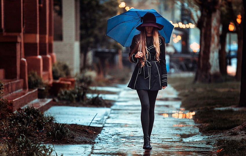 menina, chuva, rua, guarda-chuva, andar, dia chuvoso para, seção ситуации, mulher na chuva papel de parede HD