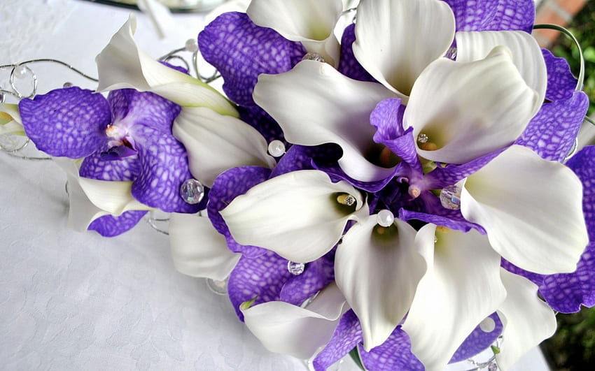 diseño floral, blanco, hermoso, flores, lirios, púrpura, ramo, encantador fondo de pantalla
