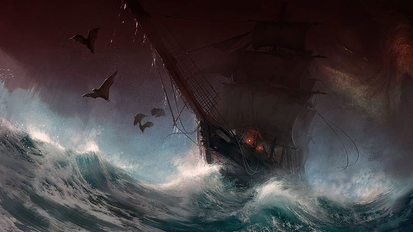Sailboat, storm, sea, waves, bat, art Full HD wallpaper